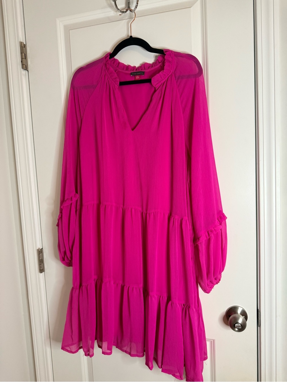 Vince Camuto Hot Pink Tiered V-Neck Long Sleeve Dress